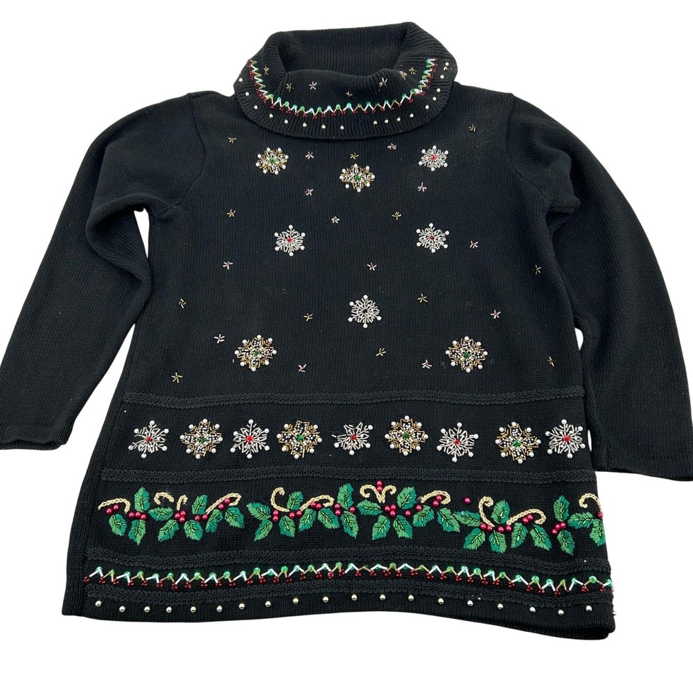 Victoria Jones Christmas Sweater Womens Medium Black Beaded Snowflake Holiday